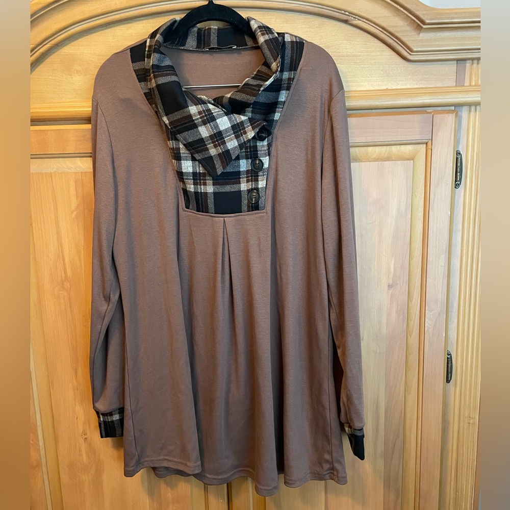 Plaid Accent Brown Sweater